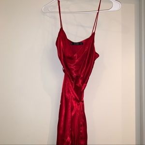 Red satin midi slit dress